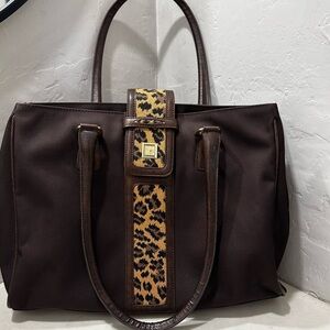 Diane Von Furstenburg Large Work Travel Tote Brown Leopard Accent Nylon Leather
